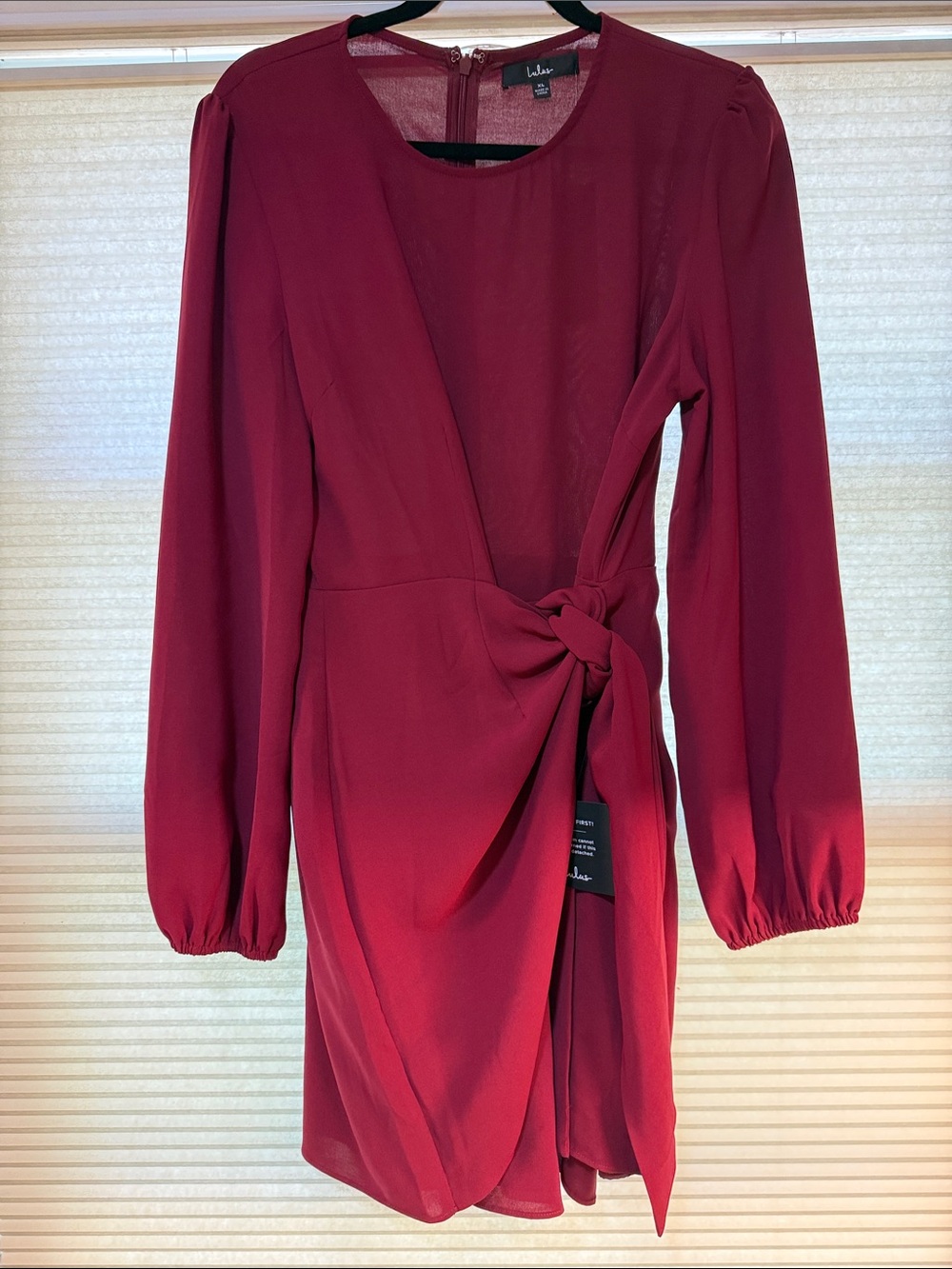 Lulu's Burgundy Long-Sleeve Wrap Mini Dress with Side Knot